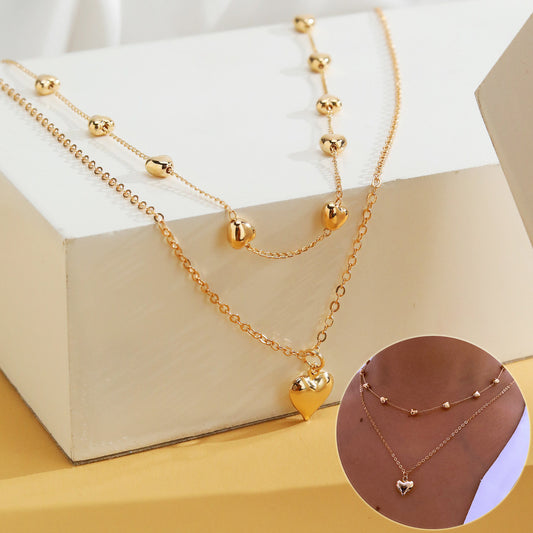 Double-layer Heart Pendant Fine Chain Necklace For Women Multilayer Gold Color Metal Necklaces Fashion Gift