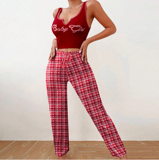 Spring Summer Women's Casual Pyjamas Home Wear Vest Color Matching Plaid Trousers Letter Print Top Ladies 2 Pcs Home Clothes Sleepwear