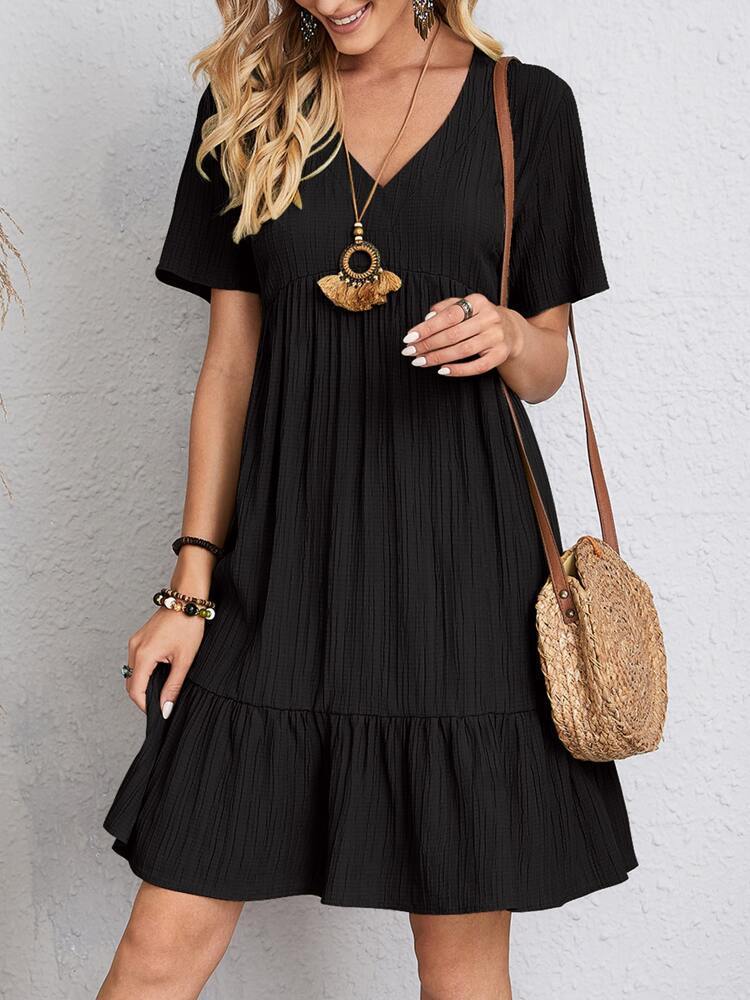 Summer Dress Solid V-neck A-line Short Sleeve Fashion Casual Loose Ruffled Dresses Beach Clothing For Women