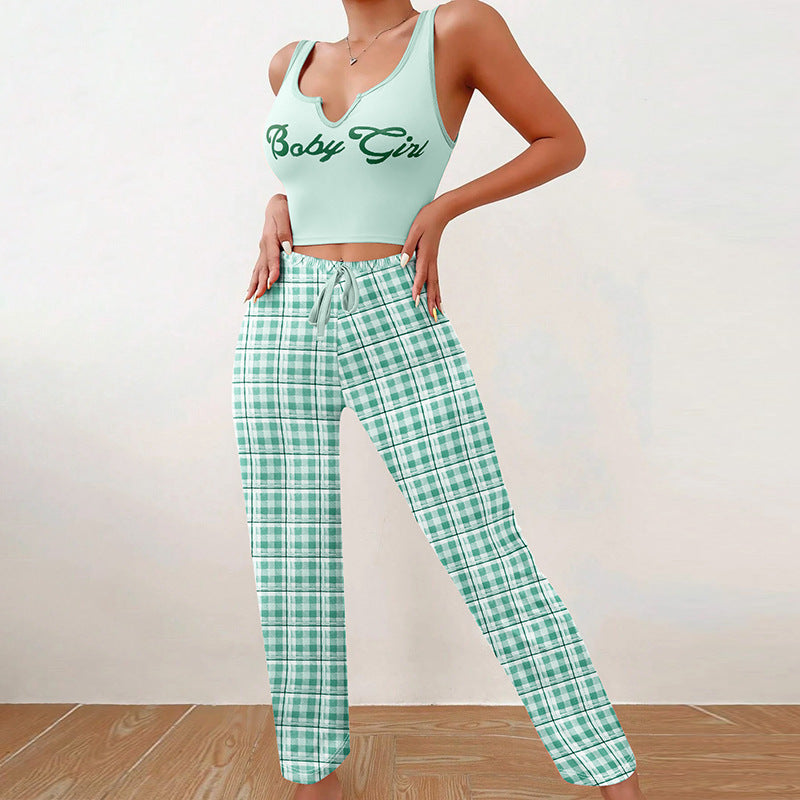Spring Summer Women's Casual Pyjamas Home Wear Vest Color Matching Plaid Trousers Letter Print Top Ladies 2 Pcs Home Clothes Sleepwear