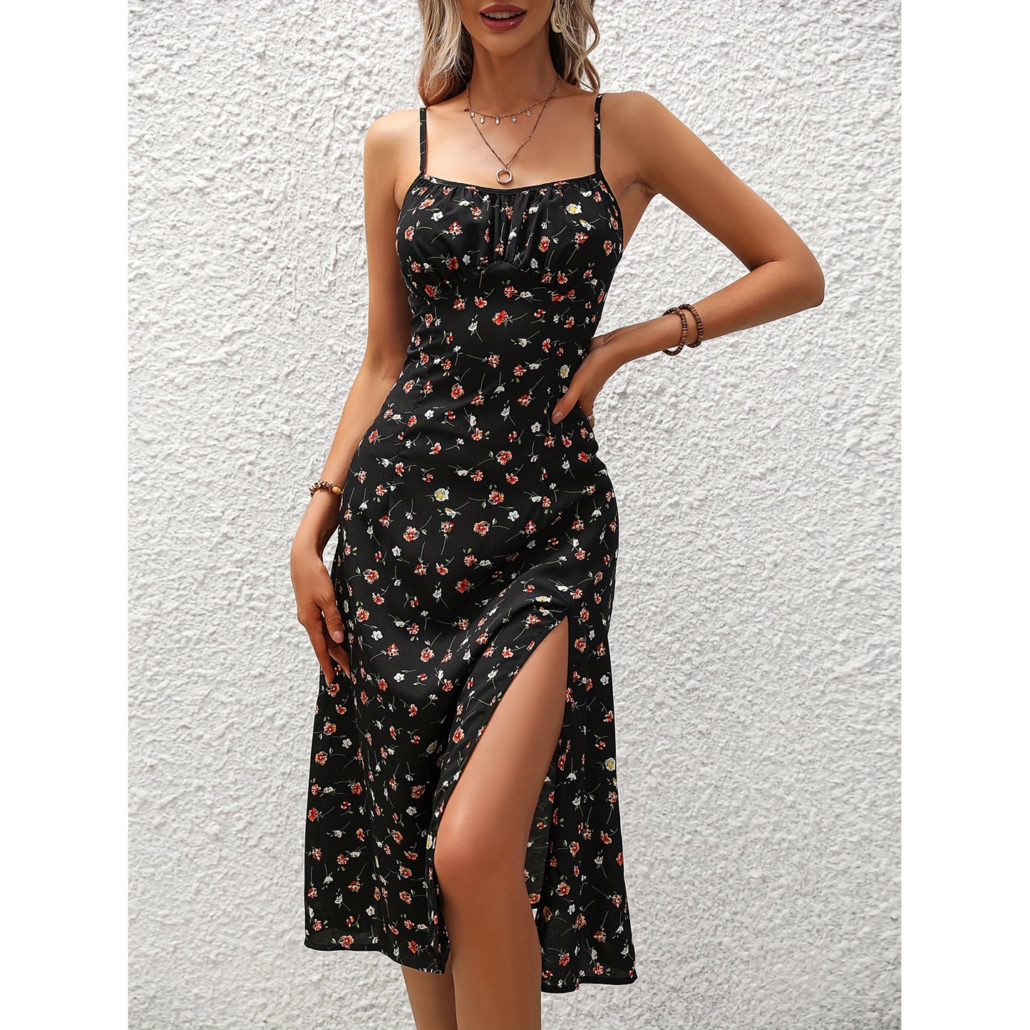 New Polka Dot Print Suspender Dress Summer Sexy Split Long Dresses