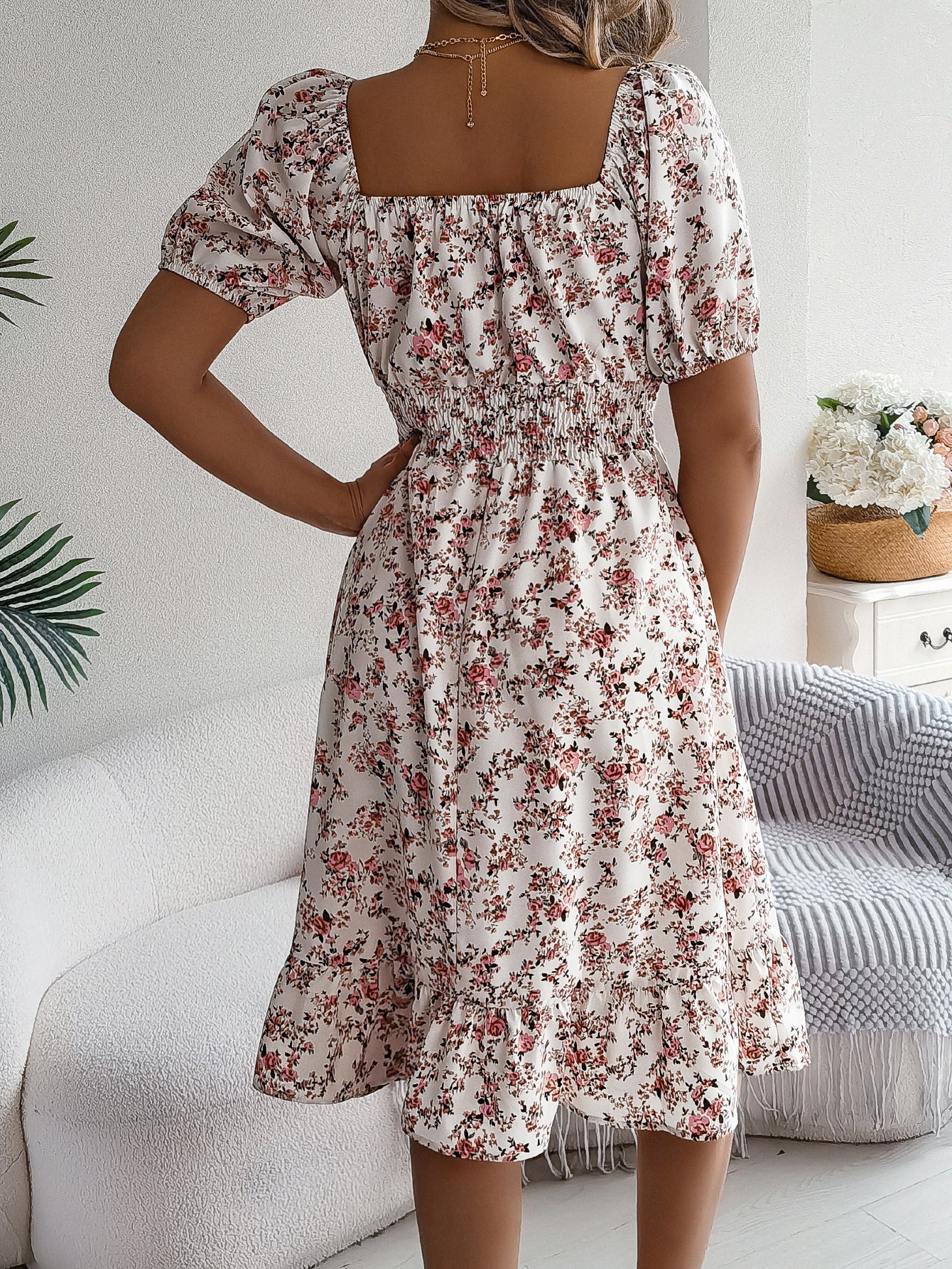 Floral Print Square Collar Dress Summer Fashion Ruffles Dresses