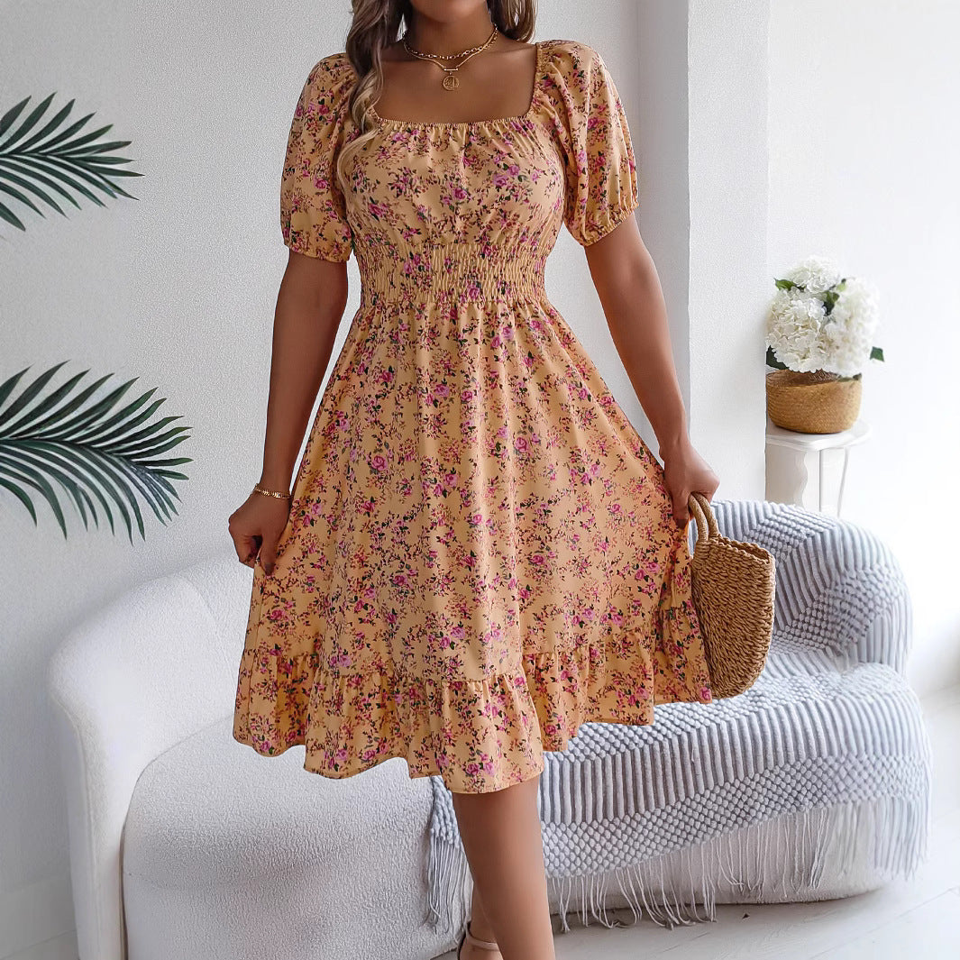 Floral Print Square Collar Dress Summer Fashion Ruffles Dresses