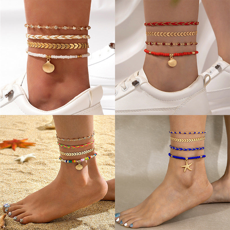 4pcs Set Bohemian Woven Rope Foot Chain For Men And Women