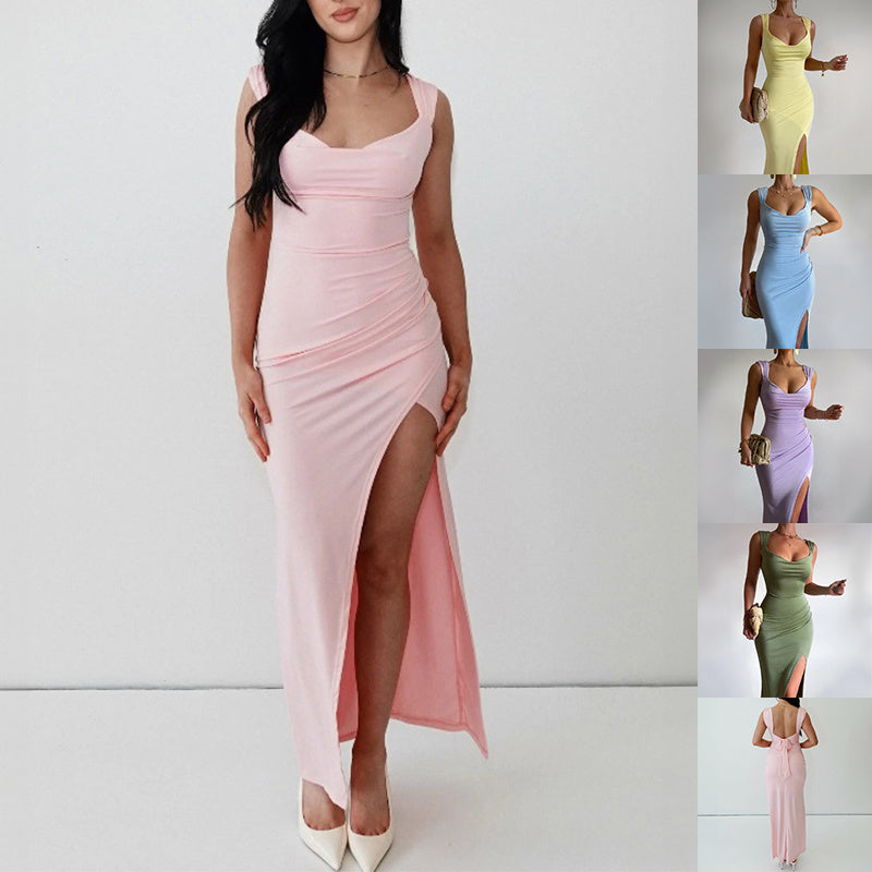 Slim Sleeveless Slit Dress With Back Tie Design Fashion