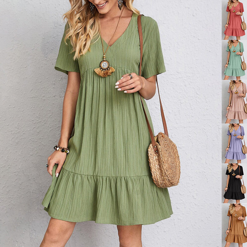 Summer Dress Solid V-neck A-line Short Sleeve Fashion Casual Loose Ruffled Dresses Beach Clothing For Women