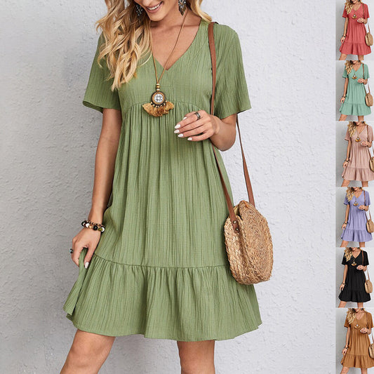 Summer Dress Solid V-neck A-line Short Sleeve Fashion Casual Loose Ruffled Dresses Beach Clothing For Women