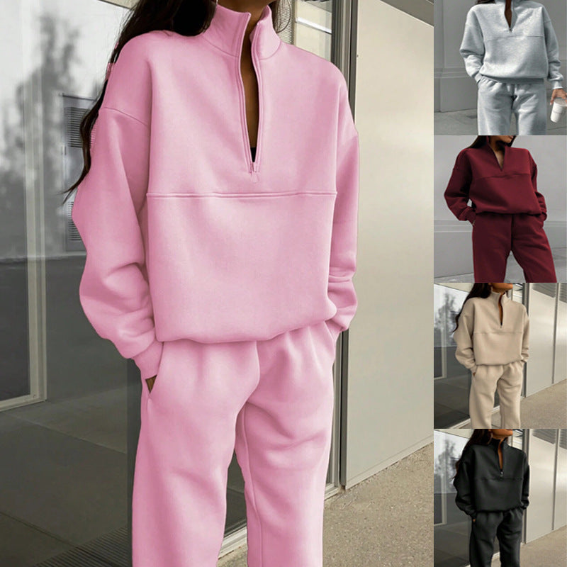 Long-sleeved Sports Sweatshirt Suit Fashion Stand-up Collar Zip-up Top And Elastic Band Trousers With Pocket Spring Fall Clothing For Women
