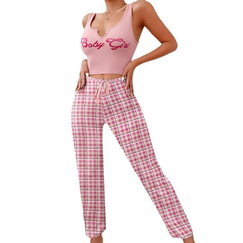 Spring Summer Women's Casual Pyjamas Home Wear Vest Color Matching Plaid Trousers Letter Print Top Ladies 2 Pcs Home Clothes Sleepwear