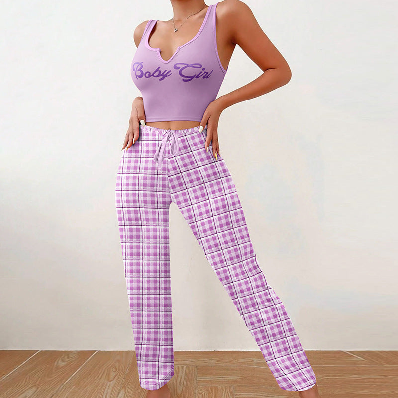 Spring Summer Women's Casual Pyjamas Home Wear Vest Color Matching Plaid Trousers Letter Print Top Ladies 2 Pcs Home Clothes Sleepwear
