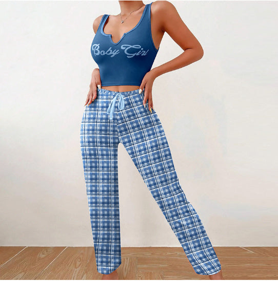 Spring Summer Women's Casual Pyjamas Home Wear Vest Color Matching Plaid Trousers Letter Print Top Ladies 2 Pcs Home Clothes Sleepwear