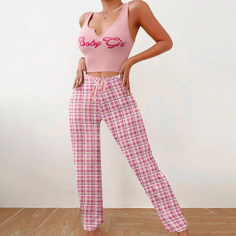 Spring Summer Women's Casual Pyjamas Home Wear Vest Color Matching Plaid Trousers Letter Print Top Ladies 2 Pcs Home Clothes Sleepwear