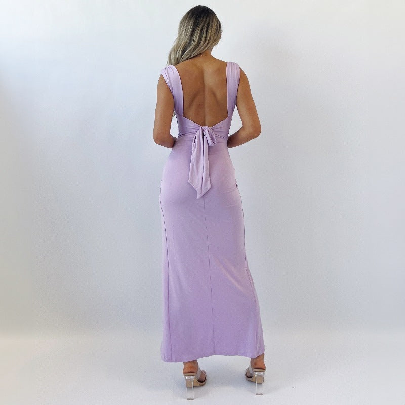 Slim Sleeveless Slit Dress With Back Tie Design Fashion