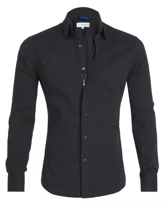 Long Sleeve Zipper Shirt With Button Design Fashion Lapel Tops For Men's Clothing