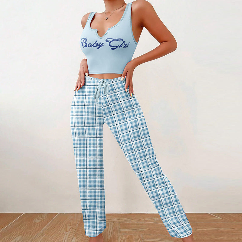 Spring Summer Women's Casual Pyjamas Home Wear Vest Color Matching Plaid Trousers Letter Print Top Ladies 2 Pcs Home Clothes Sleepwear