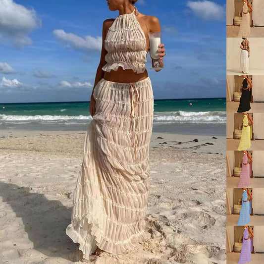 2pcs Suit Sexy Sleeveless Backless Cropped Halter Top And Pleated Long Skirt Beach Clothing