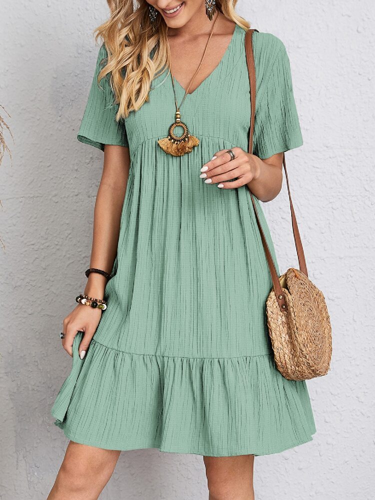 Summer Dress Solid V-neck A-line Short Sleeve Fashion Casual Loose Ruffled Dresses Beach Clothing For Women