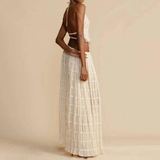 2pcs Suit Sexy Sleeveless Backless Cropped Halter Top And Pleated Long Skirt Beach Clothing