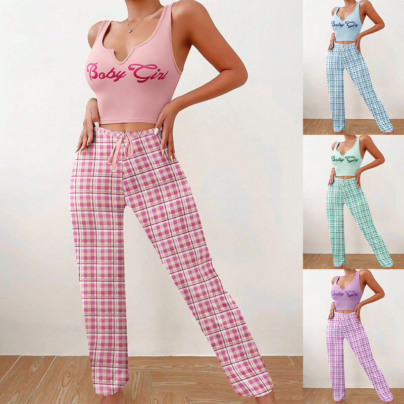 Spring Summer Women's Casual Pyjamas Home Wear Vest Color Matching Plaid Trousers Letter Print Top Ladies 2 Pcs Home Clothes Sleepwear