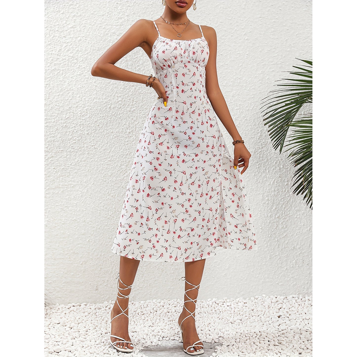 New Polka Dot Print Suspender Dress Summer Sexy Split Long Dresses