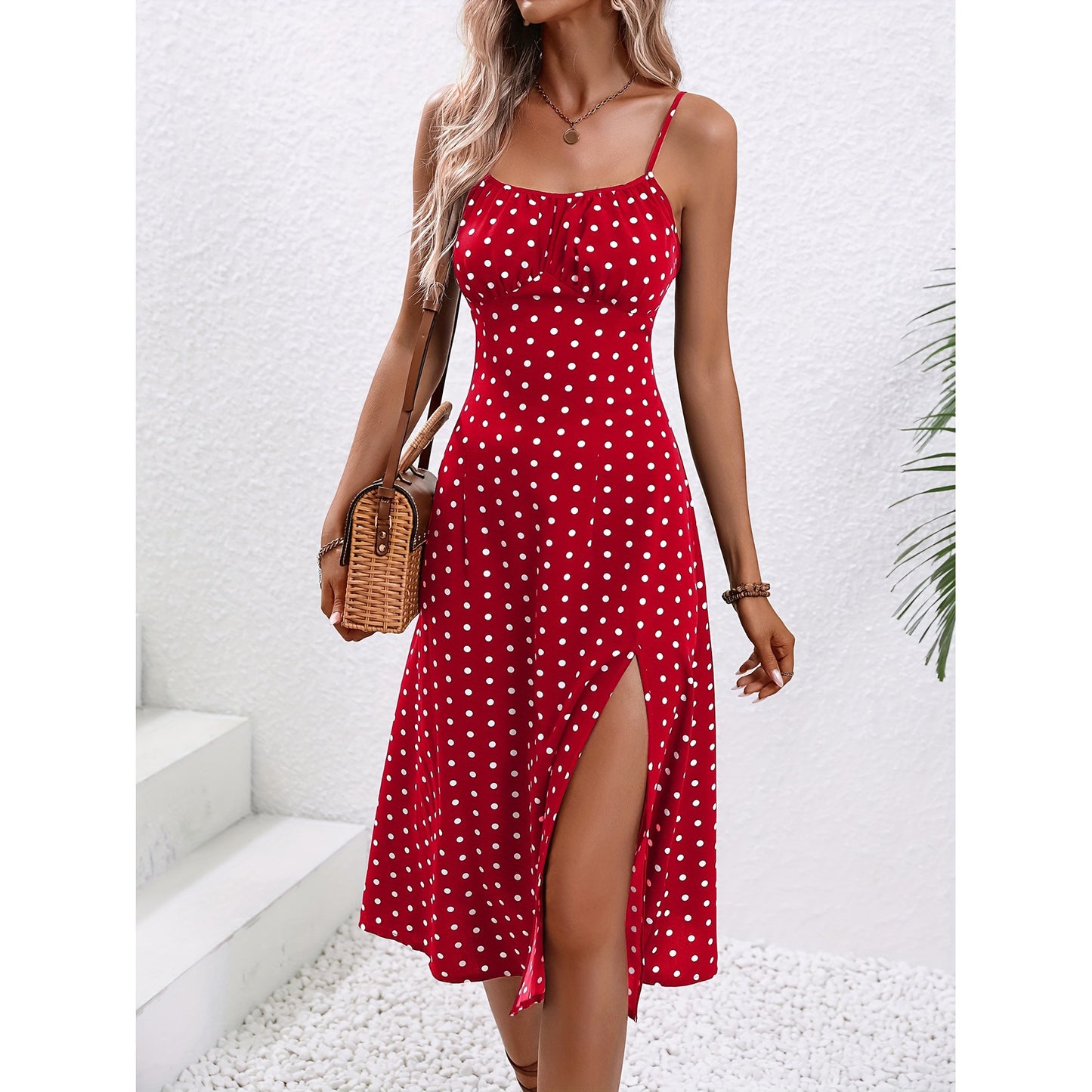 New Polka Dot Print Suspender Dress Summer Sexy Split Long Dresses
