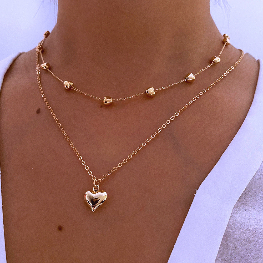 Double-layer Heart Pendant Fine Chain Necklace For Women Multilayer Gold Color Metal Necklaces Fashion Gift