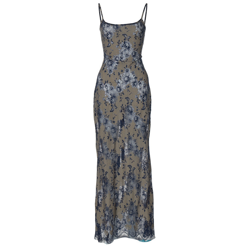 Fashion Dyed Printing Stitching Hollow Back Strap Elegant Style Long Dress Women