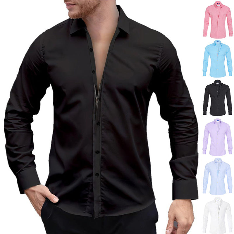Long Sleeve Zipper Shirt With Button Design Fashion Lapel Tops For Men's Clothing
